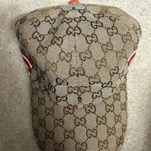 Gucci GG Supreme Monogram Canvas Baseball Cap Beige Brown Red Stripe Hat